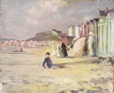 Figures walking beside a line of beach huts by Philip Wilson Steer